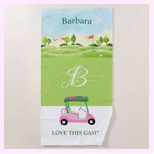 Golf Fun Course Cart Monogram Name   Beach Towel