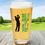 Golf Funny Tee Sports Quote Cute Men's Humour Beer Glass<br><div class="desc">Cute golfer quote "Tee It High & Let it Fly!" drinking glass design features a fun mid-century font in kelley green combined with a male golfer silhouette in classic black on a transparent background. The colour of the quote and the golfer is customizable. The typography and golfer are vector graphic...</div>