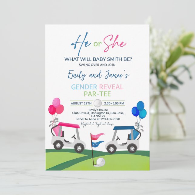 Golf Gender Reveal Invitation He or She Golfing In (Standing Front)