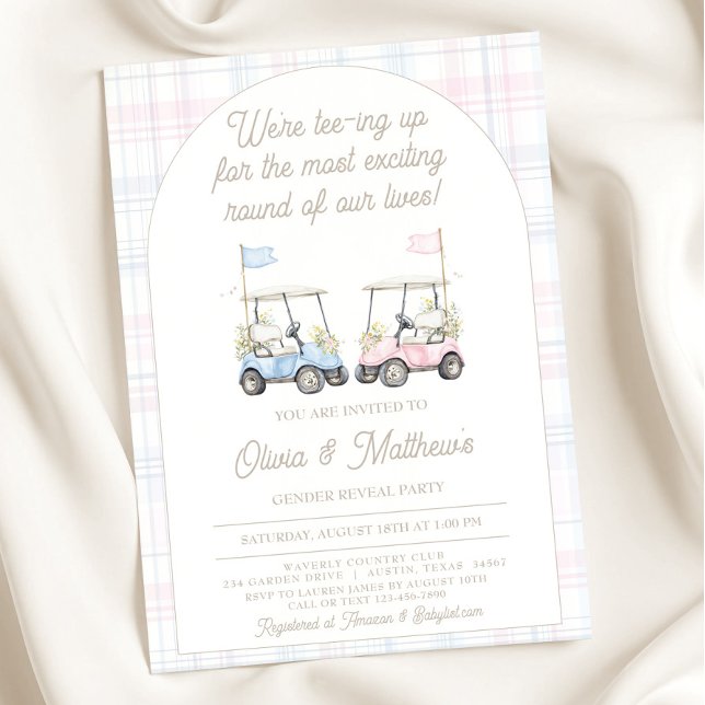 Golf Genre Reveal Invitation - Bébé Golf Carts (Golf Gender Reveal Invitation – Blue & Pink Golf Carts)