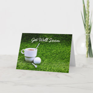 Golf get well soon with cup of tea and golf ball card