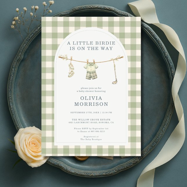 Golf Gingham Sage Green Baby Shower Invitation (Creator Uploaded)