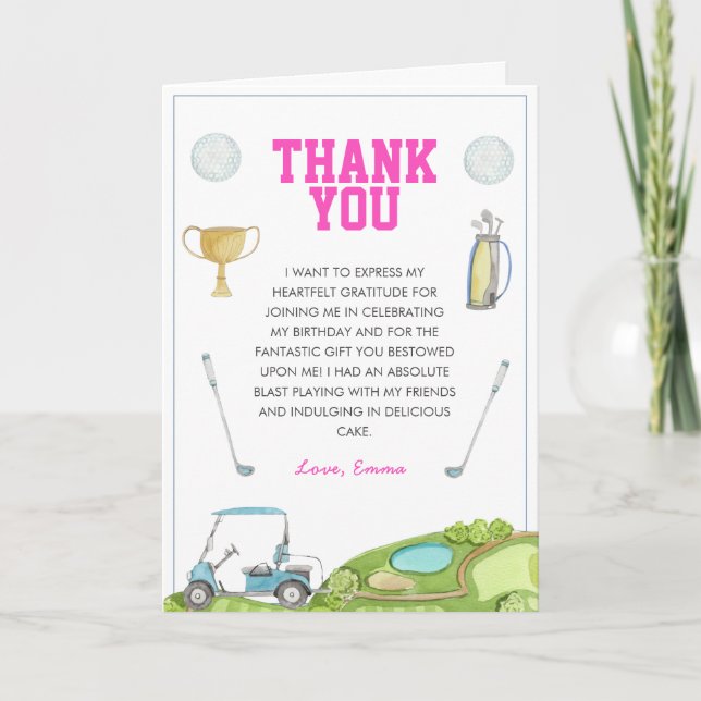 Golf Girl Birthday Party Thank You Card (Front)