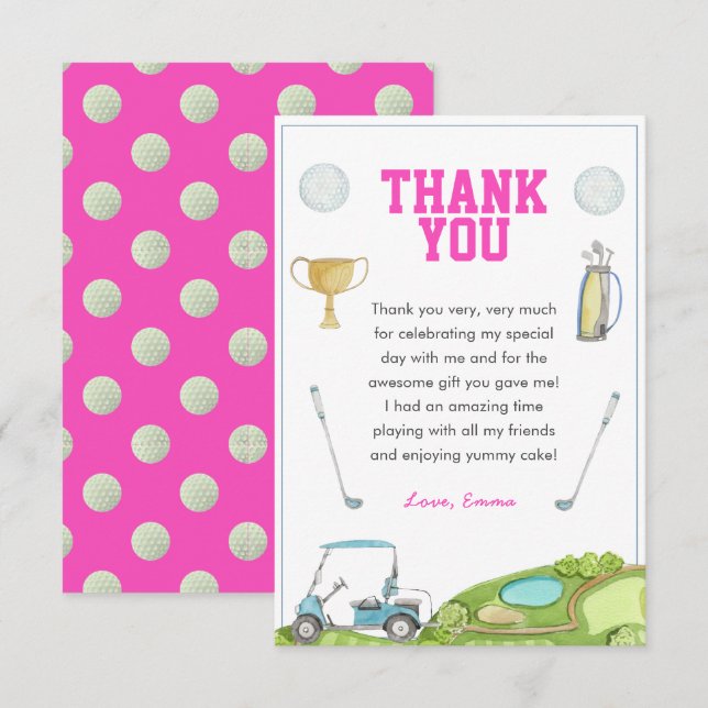 Golf Girl Birthday Thank You Card (Front/Back)