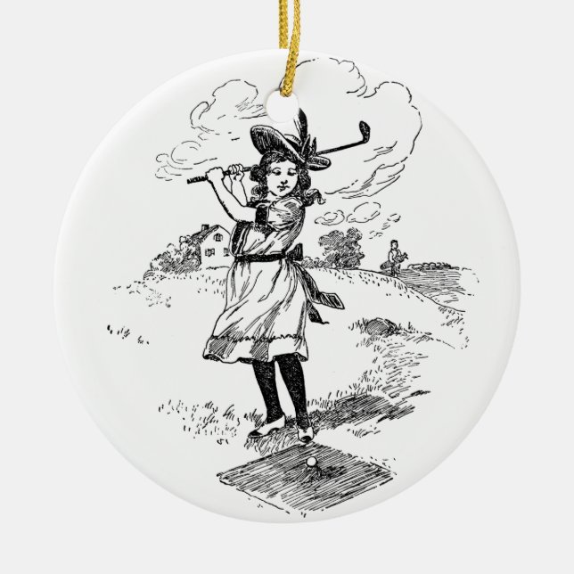 Golf Girl Golfing Vintage Art Ceramic Ornament (Front)