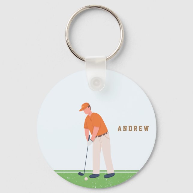 Golf Golfer Green & Blue Illustration Name Sports Keychain (Front)
