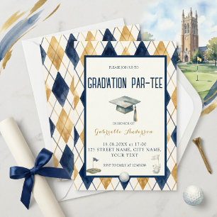 Golf Graduation Par-Tee Green Argyle Watercolor Invitation