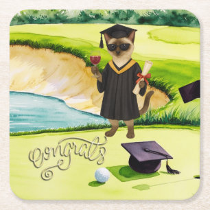 Golf Graduation themed for golfer on putting green Square Paper Coaster
