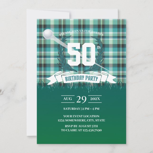 Golf Green Gingham Pattern 50th Birthday Party Invitation (Front)