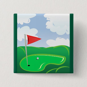 Golf Green with Red Flag and Ball 2 Inch Square Button