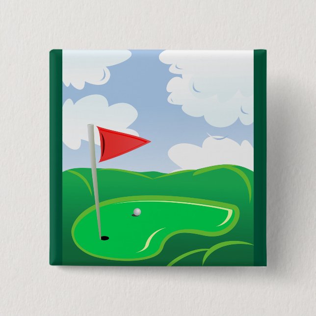Golf Green with Red Flag and Ball 2 Inch Square Button (Front)