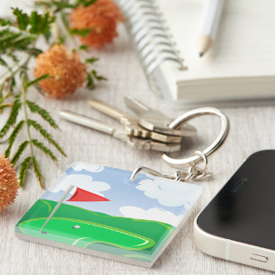 Golf Green with Red Flag and Ball Keychain