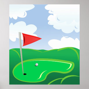 Golf Green with Red Flag and Ball Poster