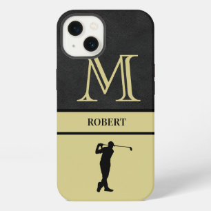 Golf Guy Black Leather Texture Monogram Name iPhone 13 Case