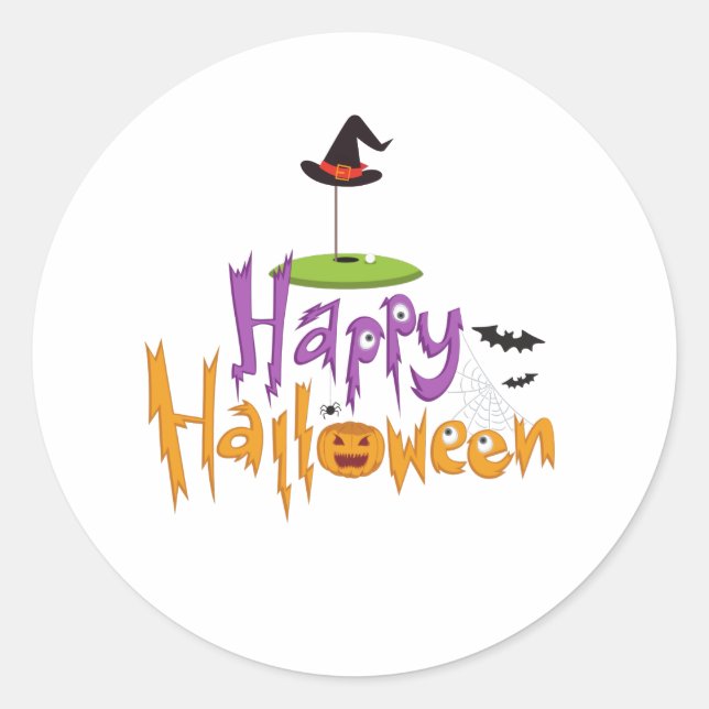 Golf Halloween with golf flag on green with hat Classic Round Sticker (Front)