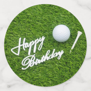 Golf happy birthday with ball and tee on green confetti