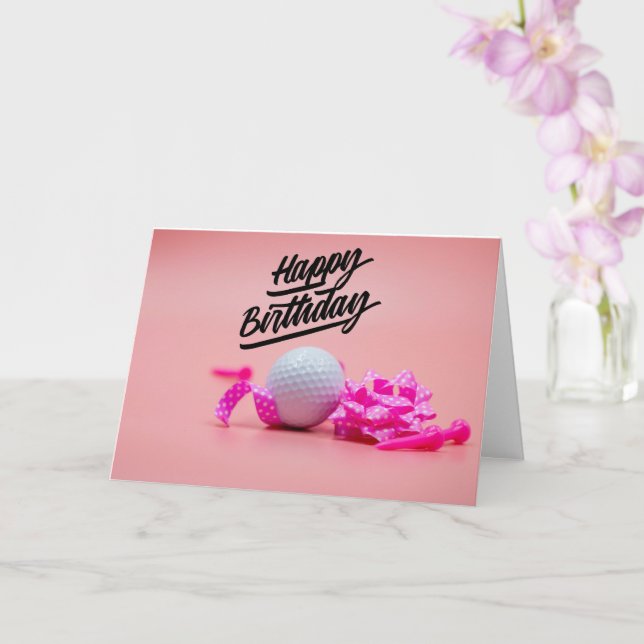 Golf Happy Birthday with golf ball and pink ribbon Card (Orchid)