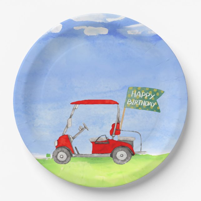 Golf Happy Birthday with golf cart  Wrapping Paper Paper Plate (Front)