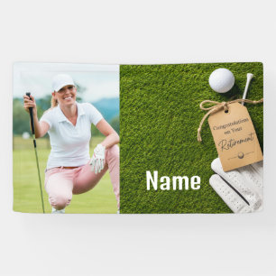 Golf happy retirement with happy golfer on green banner