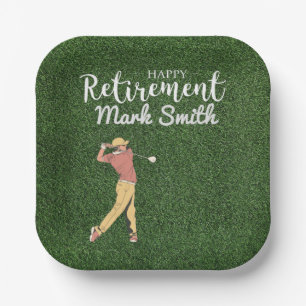 Golf Happy Retirement with man golfing on green Paper Plate