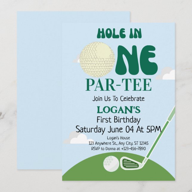 Golf Hole In One  Boy 1st Birthday Custom Par-Tee Invitation (Front/Back)