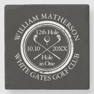 Golf Hole in One Personalized Black And White Stone Coaster