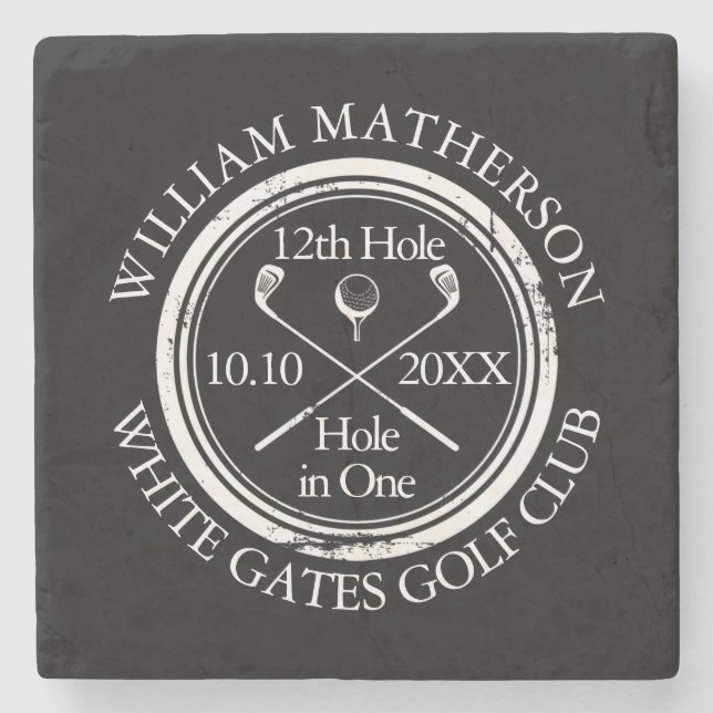 Golf Hole in One Personalized Black And White Stone Coaster (Front)