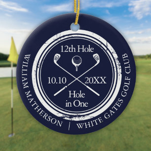 Golf Hole in One Retro Navy Blue Personalized Ceramic Ornament