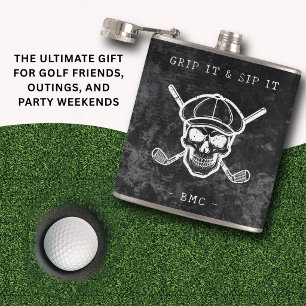  Golf Humor Grip It Sip It Custom Initials Black Hip Flask