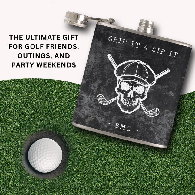  Golf Humor Grip It Sip It Custom Initials Black Hip Flask (Grip it, sip it—golf humor with edge.)