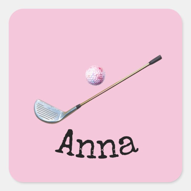 Golf iron and ball pink theme for woman square sticker (Front)