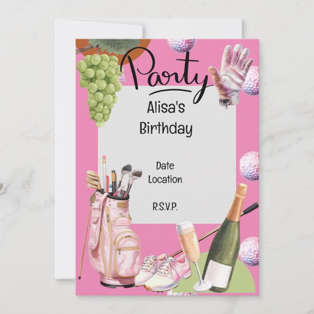 Golf iron  with ball all over on pink for golfer invitation (Front)