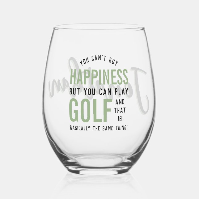 Golf is Happiness Funny Golf Lover Personalized Stemless Wine Glass (Front)