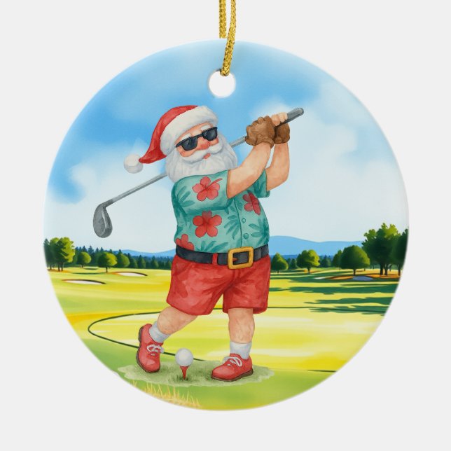 Golf July Christmas with Santa Claus  Golfing Ceramic Ornament (Front)
