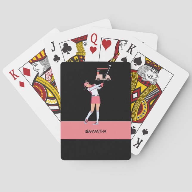 Golf Lady woman is golfing in pink with name  Playing Cards (Back)