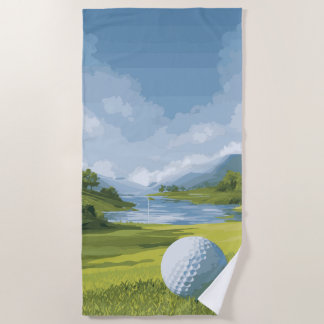 Golf Landscape Illustration – Scenic Course Artwor Beach Towel