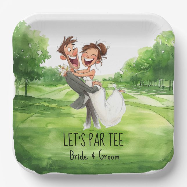 Golf Let’s Par tee with bride & Groom on course Paper Plate (Front)