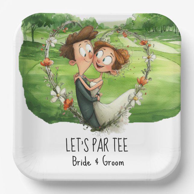 Golf Let’s Par tee with bride & Groom on course Paper Plate (Front)