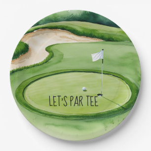 Golf Let’s Par tee with golf flag on green Paper Plate