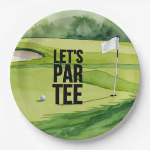 Golf Let’s Par tee with golf flag on green Paper Plate