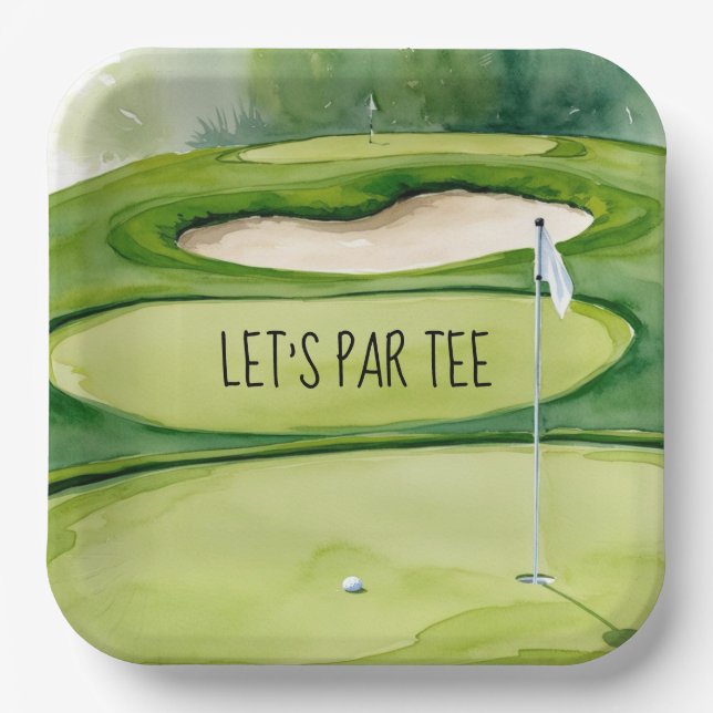 Golf Let’s Par tee with golf flag on green white  Paper Plate (Front)