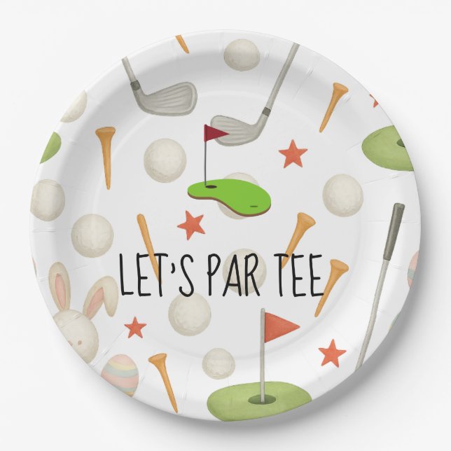 Golf Let’s Par tee with golf flag on green white  Paper Plate (Front)