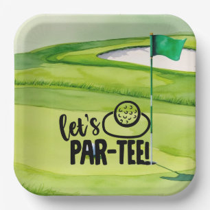 Golf Let’s Par tee with golf flag on green white Paper Plate