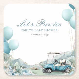 Golf Let's Par-tee Blue Baby Shower Square Paper Coaster