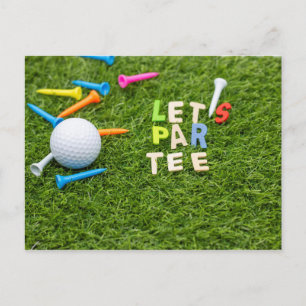 Golf let's par tee with golf ball and tee on green postcard