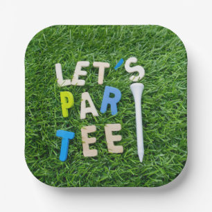 Golf Let's Par tee with white tee is on green  Paper Plate
