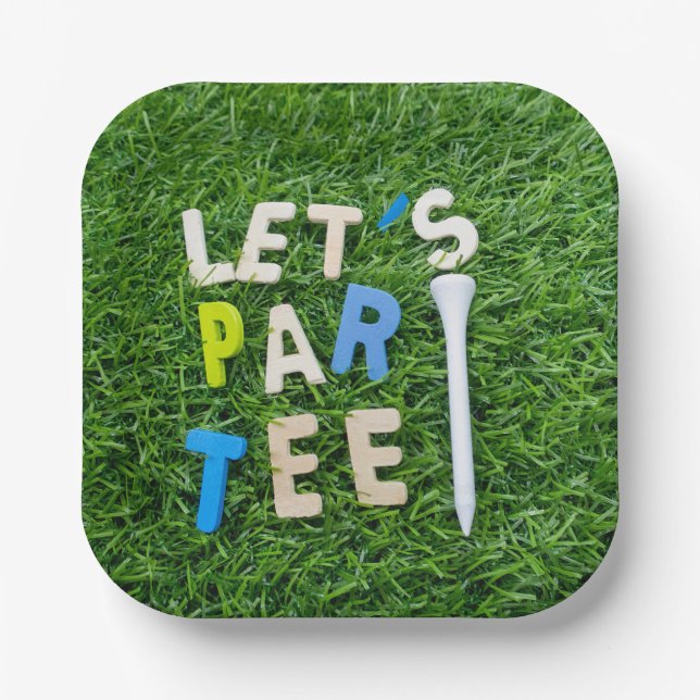 Golf Let's Par tee with white tee is on green  Paper Plate (Front)