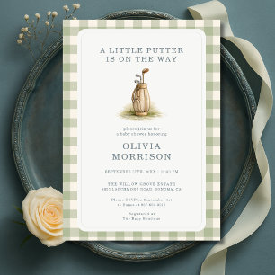Golf Little Putter Sage Green Gingham Baby Shower Invitation