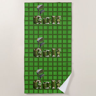 Golf Logo And Clubs On Green Checked Tartan, Beach Towel