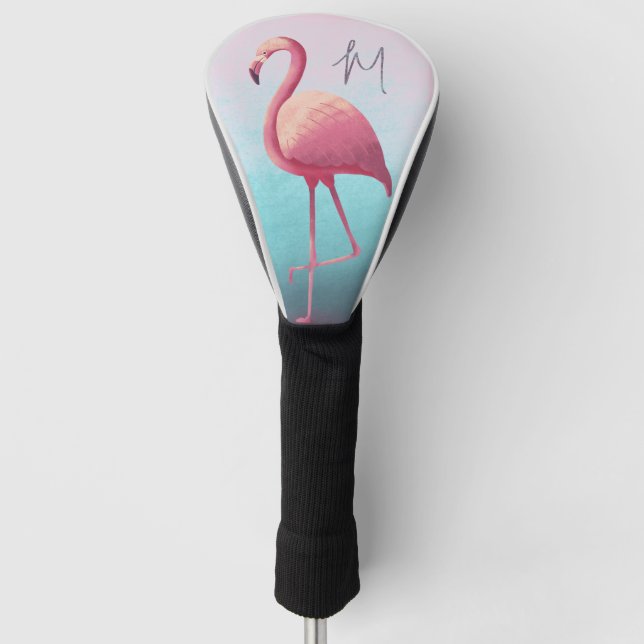 Golf Lover Flamingo Pink Blue  Elegant Monogram  Golf Head Cover (Front)